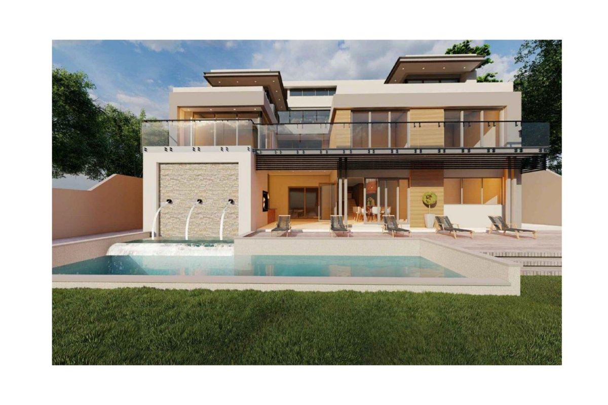 A modern multi-story residential property featuring a swimming pool, water feature, and spacious patio area, showcasing contemporary architectural design.