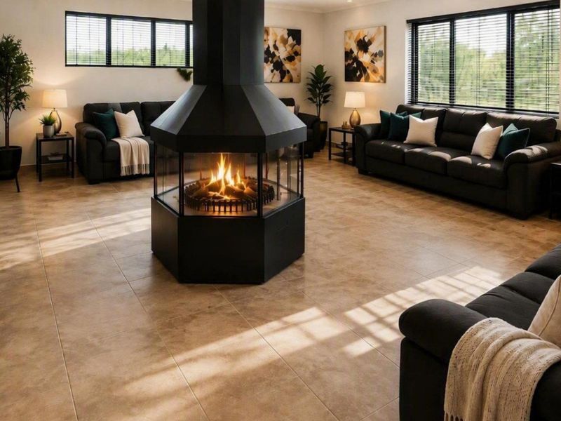 Spacious living room featuring a striking central freestanding fireplace, large windows with venetian blinds, and neutral tiled flooring throughout.