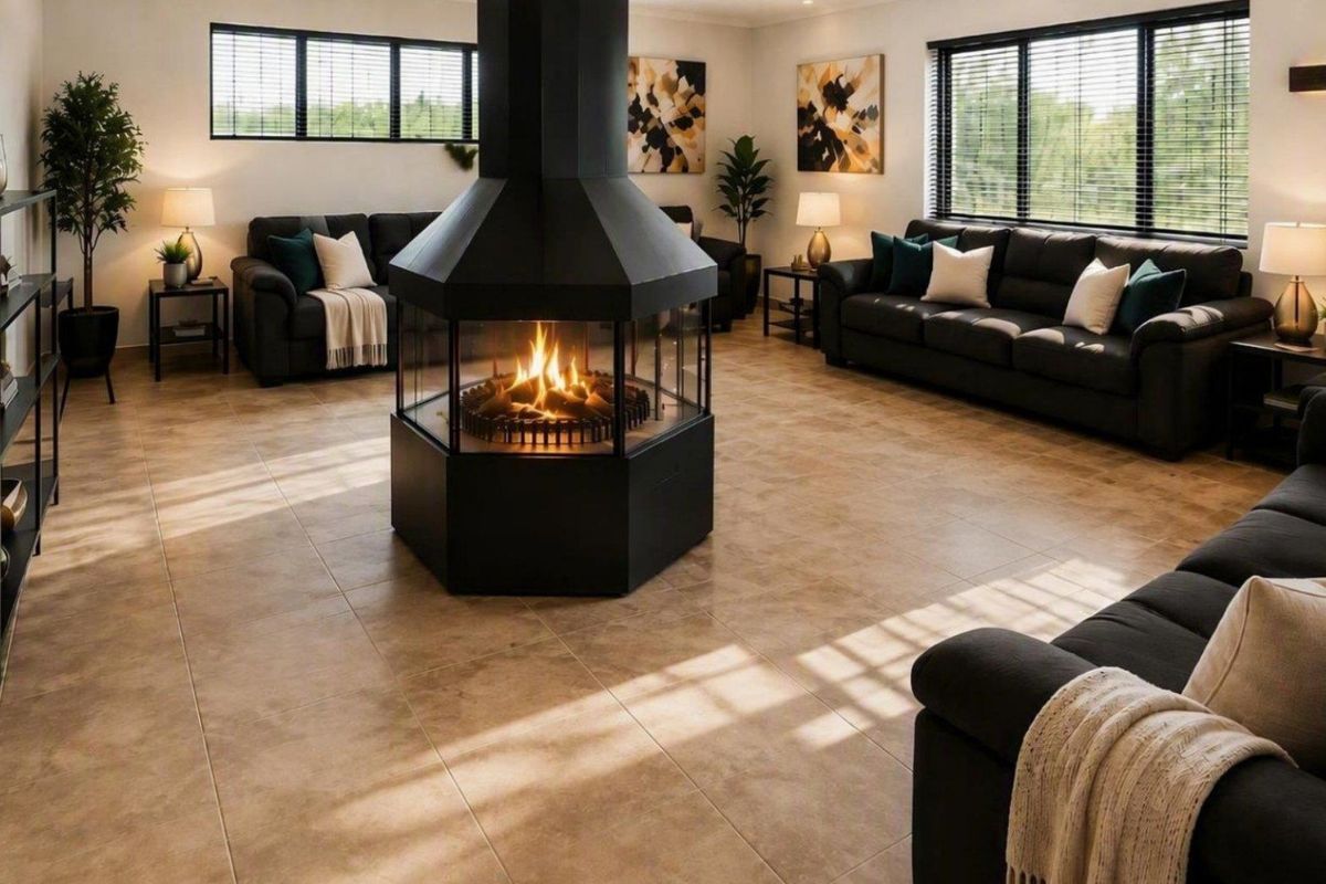 Spacious living room featuring a striking central freestanding fireplace, large windows with venetian blinds, and neutral tiled flooring throughout.