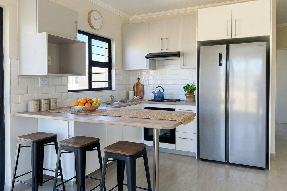 Kitchen with built-in cupboards and built-in stove.