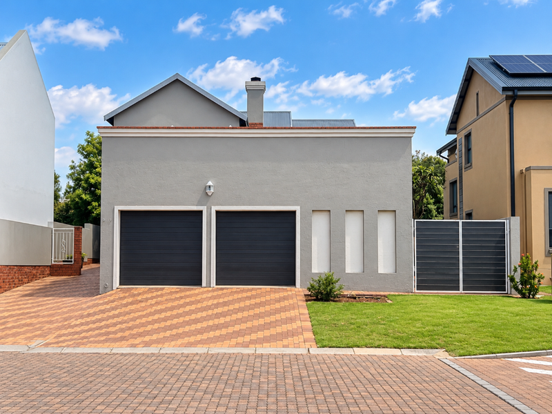 Modern double garage facade featuring a paved driveway, clean grey exterior finish, and integrated solar panels on the adjacent roof structure.