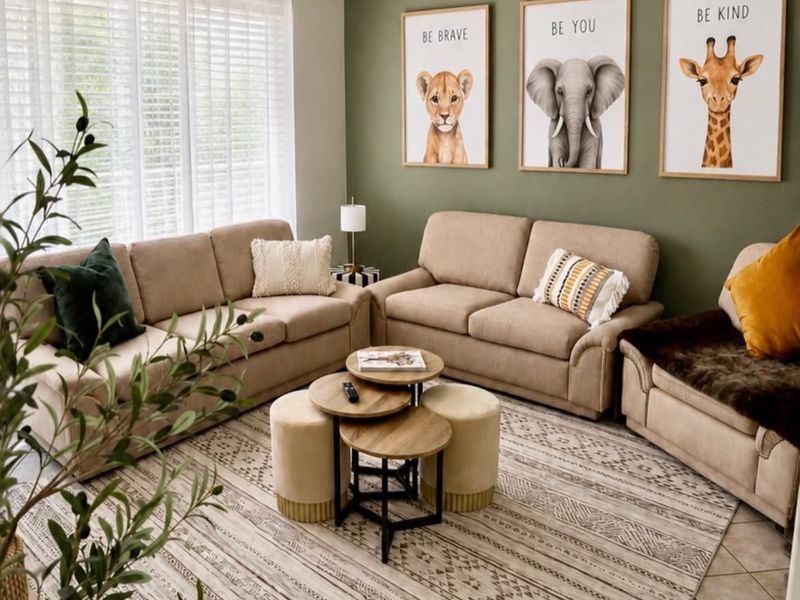 A cozy living room featuring an olive green accent wall, neutral tiled flooring, and large windows fitted with white venetian blinds.