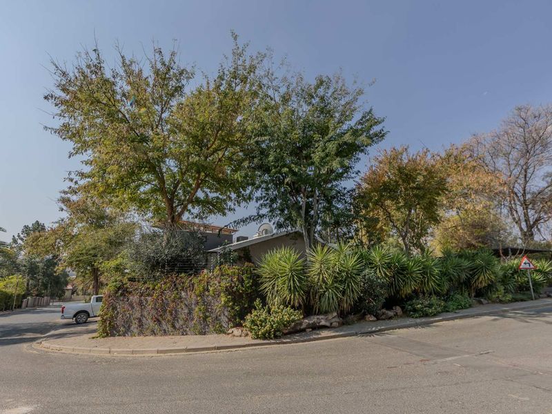 A street-level view of the property corner, featuring a stone boundary wall, mature trees, and established garden landscaping.