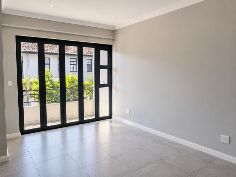 A bright, empty living room featuring neutral tiled flooring, modern recessed lighting, and large black aluminium folding doors opening to an outdoor balcony.