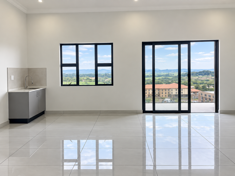 Bright open-plan space featuring polished tile flooring, a modern kitchenette, and large sliding glass doors offering expansive scenic views.