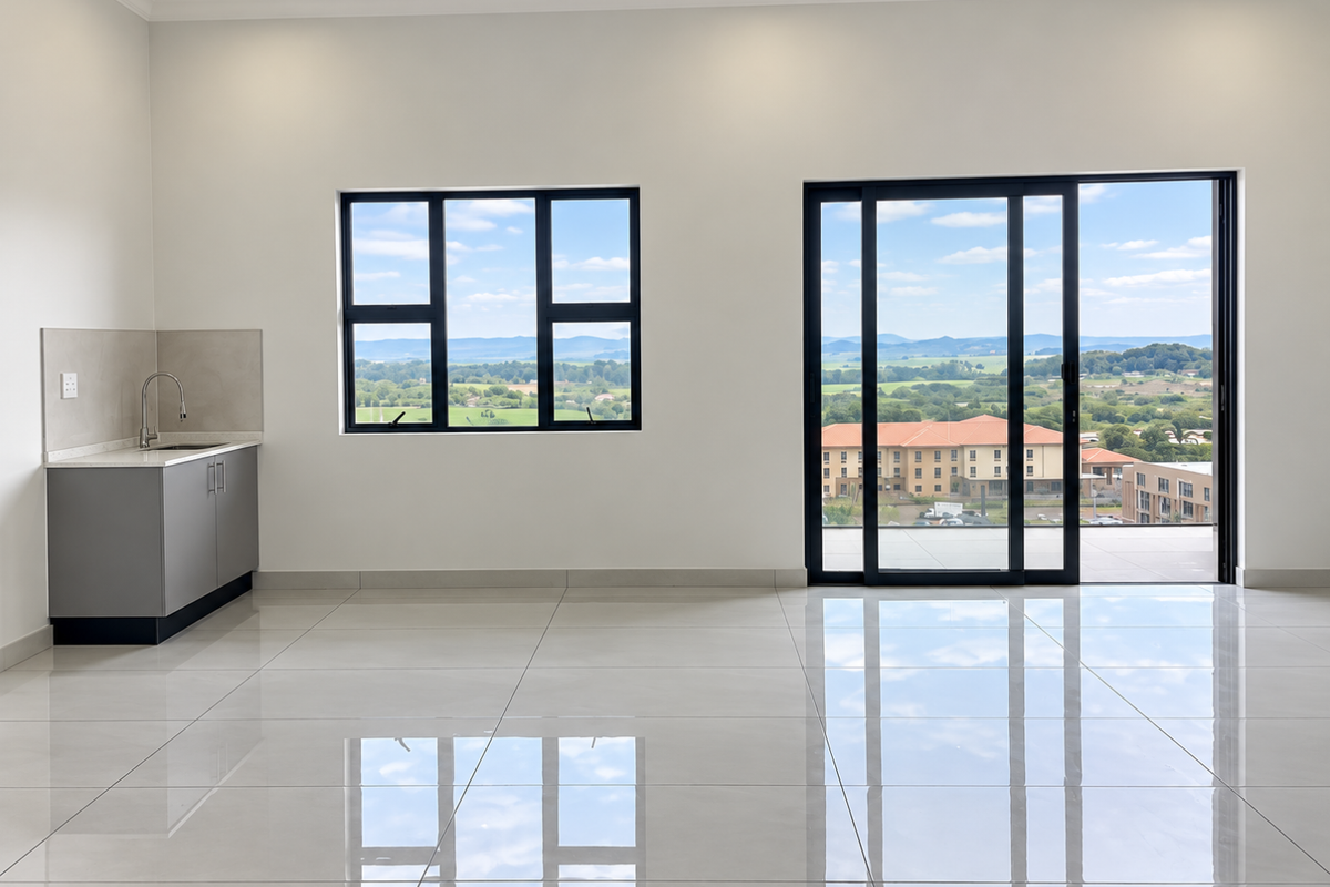 Bright open-plan space featuring polished tile flooring, a modern kitchenette, and large sliding glass doors offering expansive scenic views.