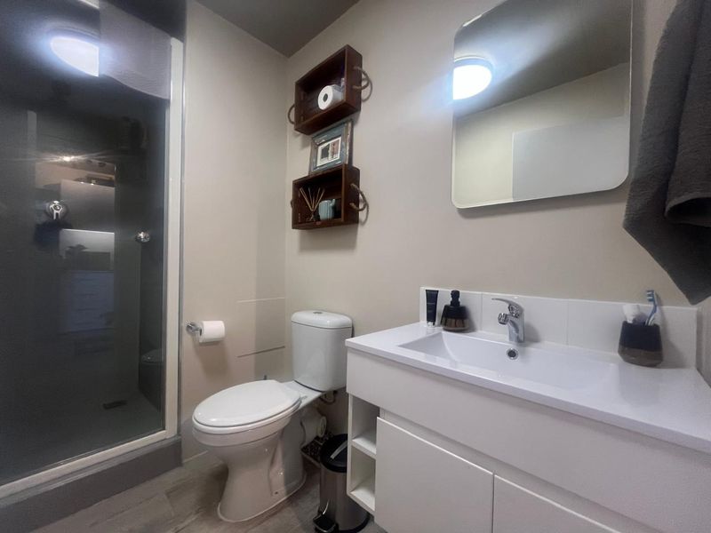 A modern, well-maintained bathroom featuring a glass shower enclosure, a white vanity unit with integrated basin, and a wall-mounted mirror.