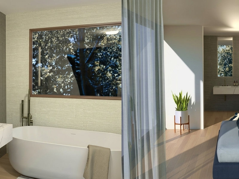 Modern open-plan bedroom suite featuring a luxurious ensuite with a freestanding bathtub, double vanity, and elegant timber screen partition.