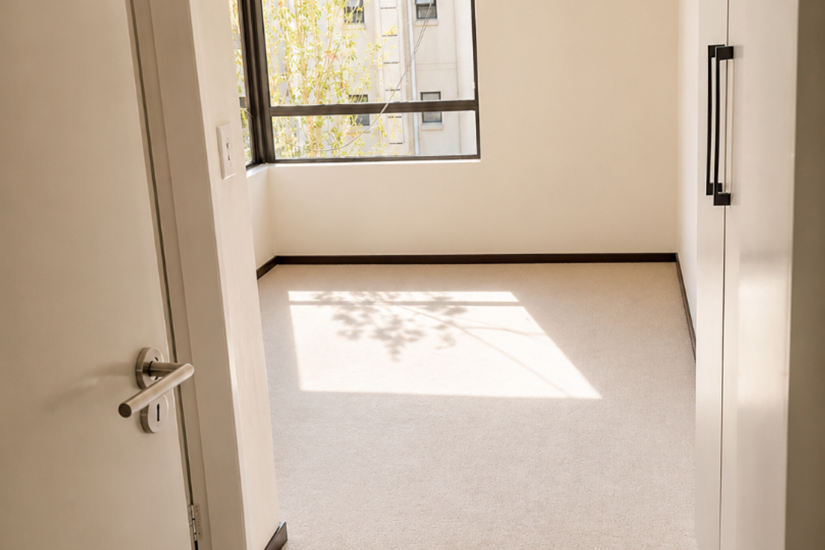 A bright, empty bedroom featuring neutral carpeting, built-in cupboards with modern handles, and a corner window allowing for natural light.