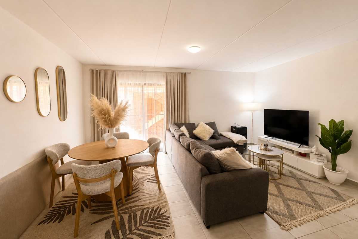 An open-plan living and dining area featuring tiled flooring, neutral walls, and a sliding glass door providing access to the exterior.