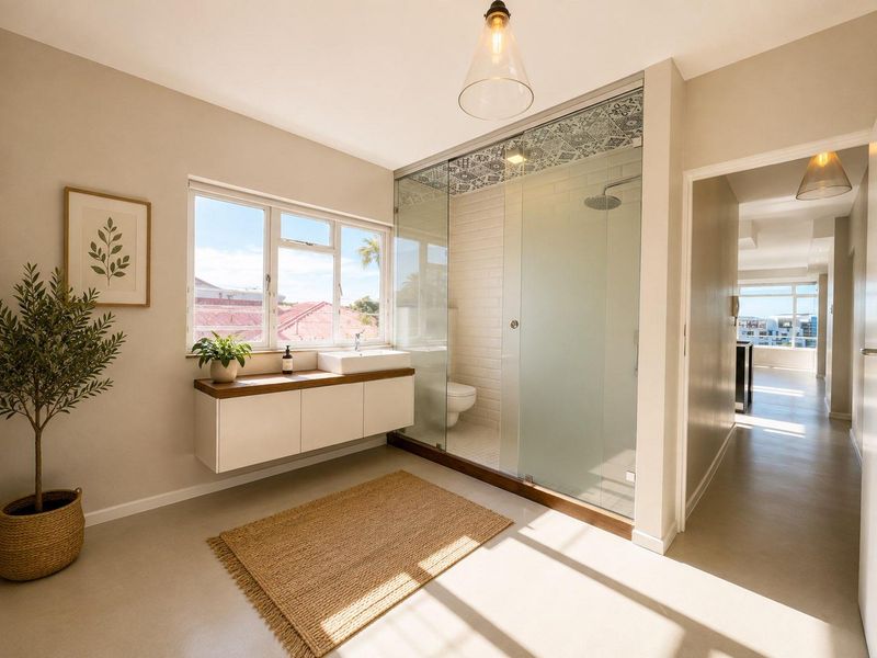 Modern bathroom featuring a floating vanity with vessel sink, glass-enclosed walk-in shower with rain head, and polished concrete floors.