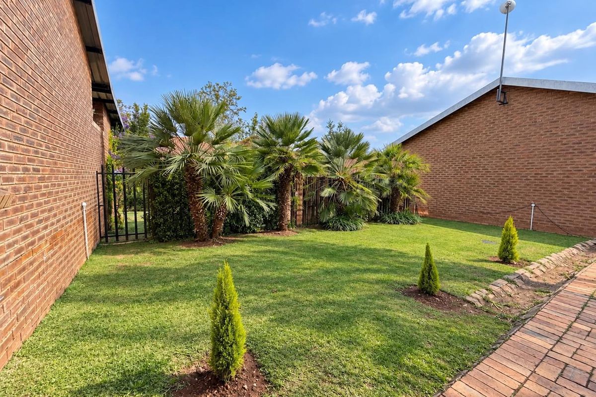 A well-maintained rear garden area featuring a brick facade, paved walkway, and established palm trees within a private townhouse setting.