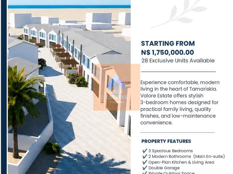 Architectural rendering of the Valora Estate townhouse development, showcasing the exterior facade, paved driveway, and modern residential design.
