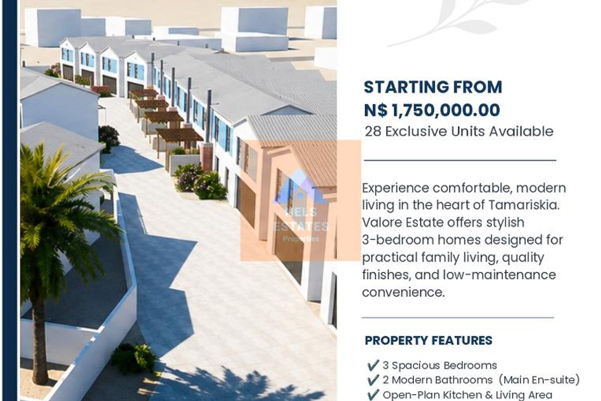 Architectural rendering of the Valora Estate townhouse development, showcasing the exterior facade, paved driveway, and modern residential design.