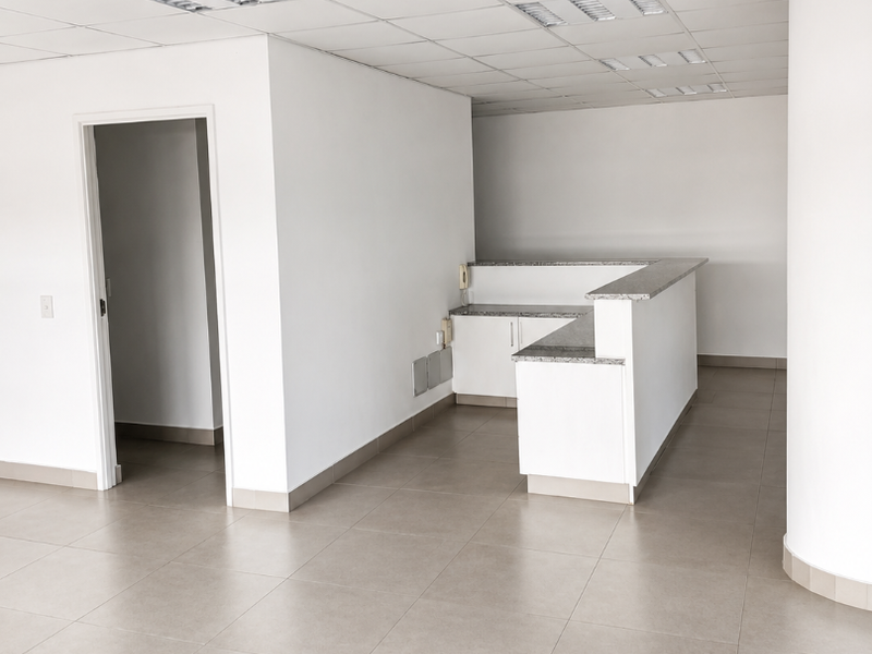 An empty office space featuring a built-in reception desk, tiled flooring, and a suspended ceiling with recessed lighting.