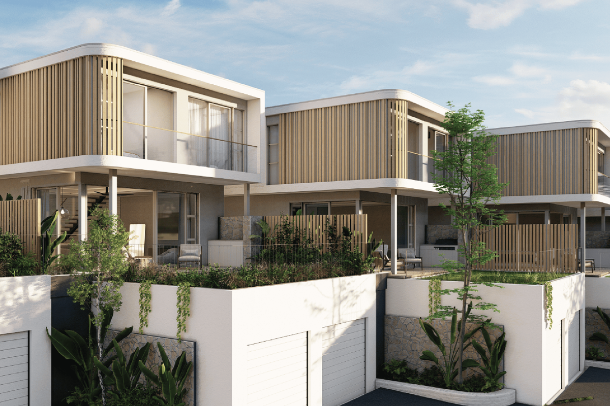 Modern townhouse exterior featuring timber slat detailing, glass balustrades, and integrated garage access with landscaped terraced levels.