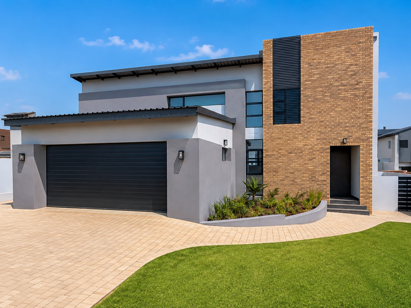 Modern double-story residential home featuring a combination of brick and plastered finishes, a spacious paved driveway, and a neat front garden.