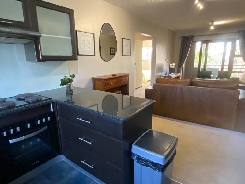 Open-plan living area featuring a kitchen with dark cabinetry, granite countertops, and integrated appliances, flowing into a lounge with access to a balcony.