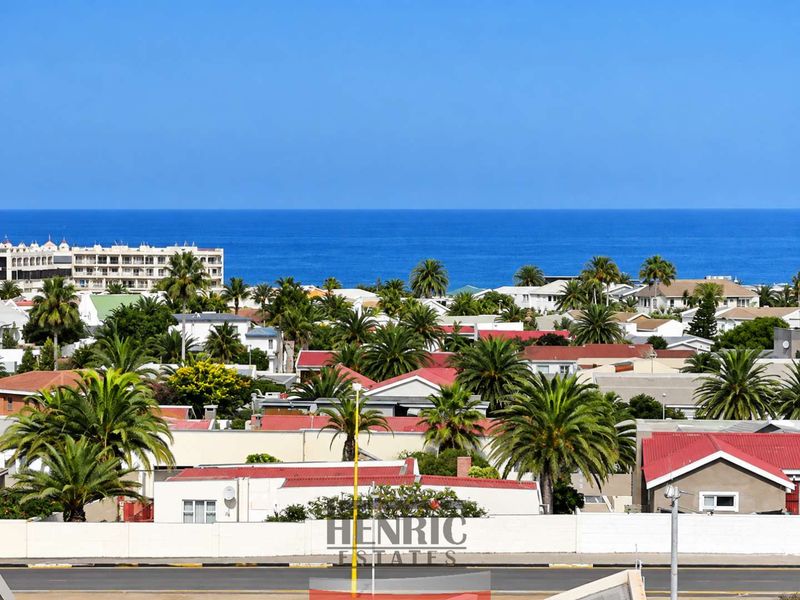 An elevated coastal view overlooking a residential neighborhood with palm trees and the ocean in the background.
