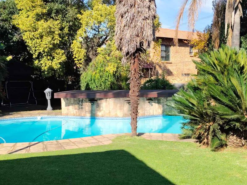 A private outdoor pool area featuring a stone-clad raised feature wall, surrounding paved patio, and established garden landscaping.