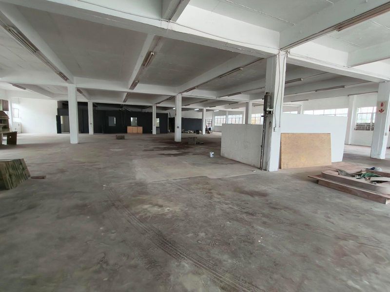 Expansive open-plan industrial warehouse space featuring high ceilings with exposed beams, concrete flooring, and large industrial windows providing ample natural light.