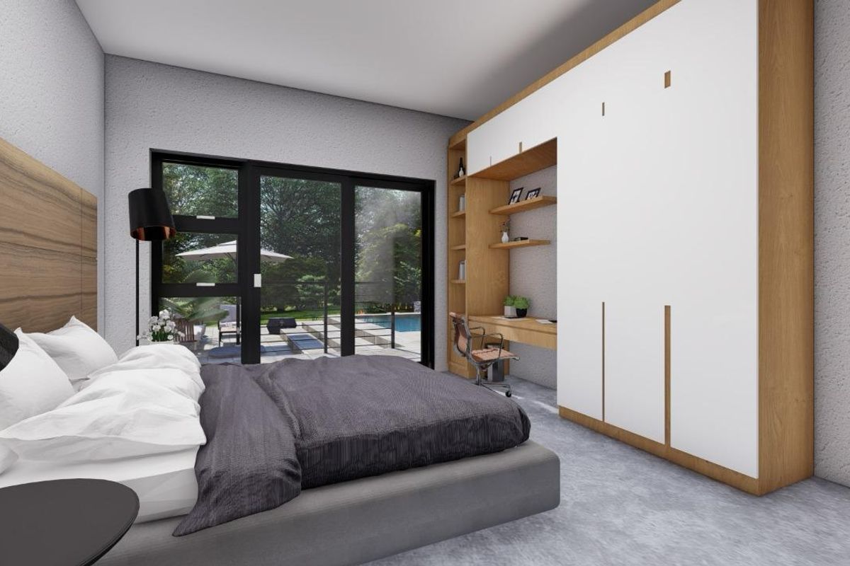 Modern bedroom featuring built-in cabinetry with integrated desk, large sliding glass doors, and polished concrete flooring, offering views of the outdoor pool area.