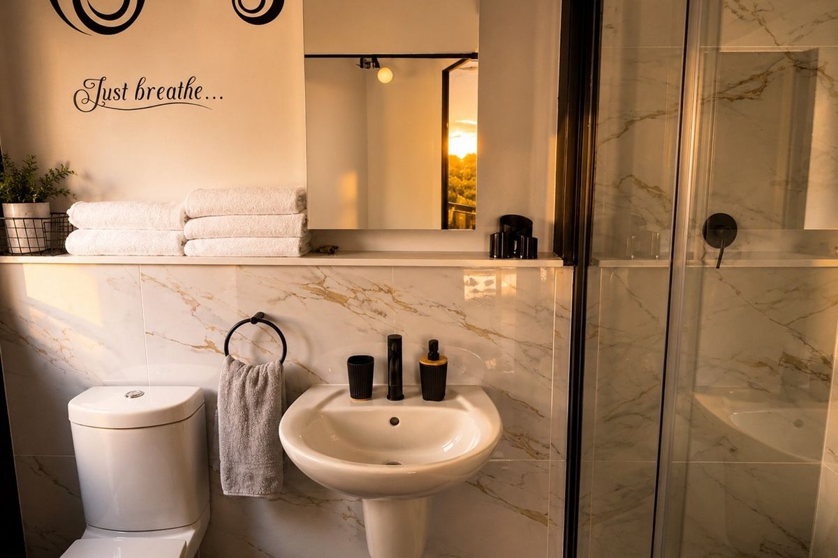 Modern bathroom featuring marble-effect wall tiles, black fixtures, a pedestal washbasin, and a glass-enclosed shower.