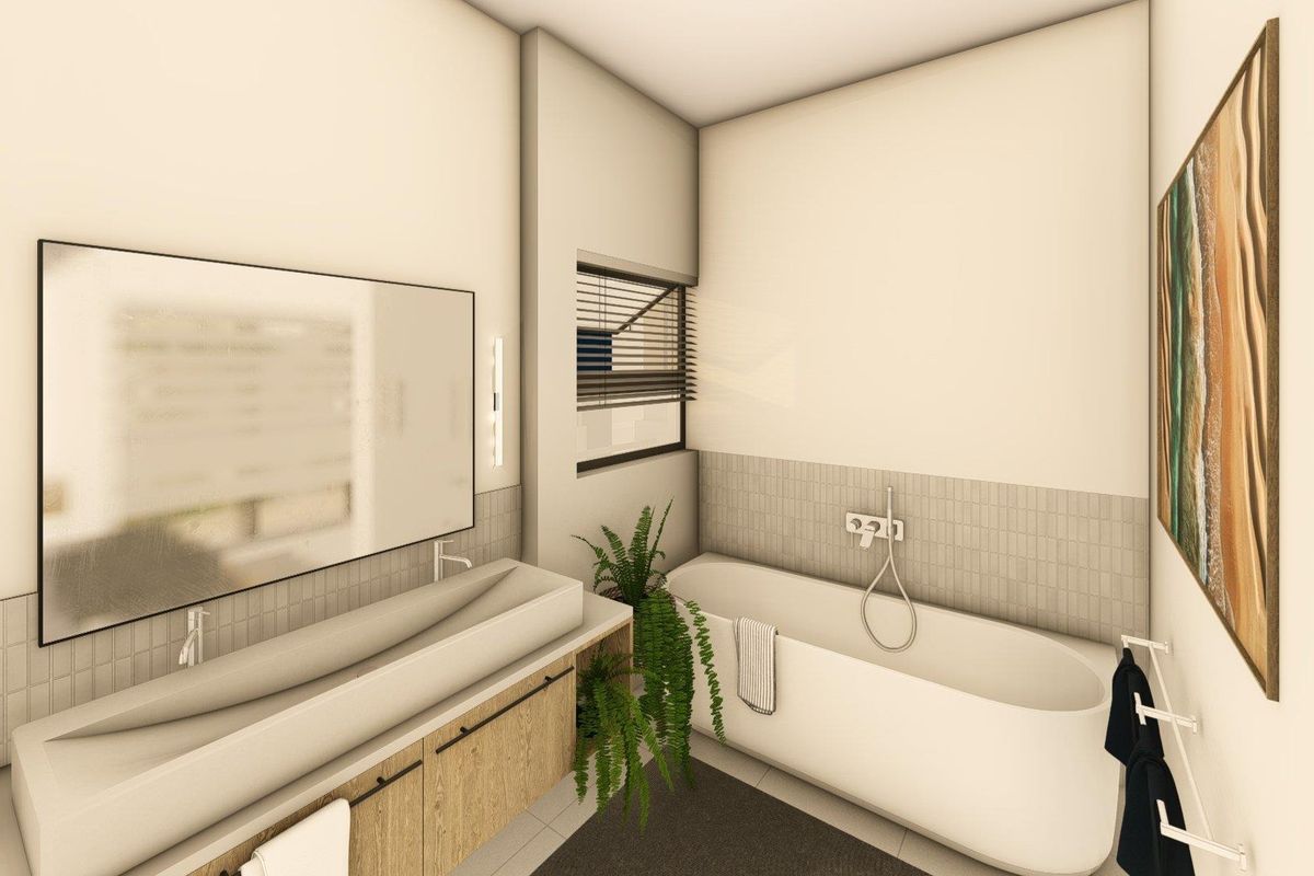 Modern bathroom featuring a sleek built-in vanity with integrated sink, a contemporary freestanding bathtub, and minimalist wall-mounted fixtures.