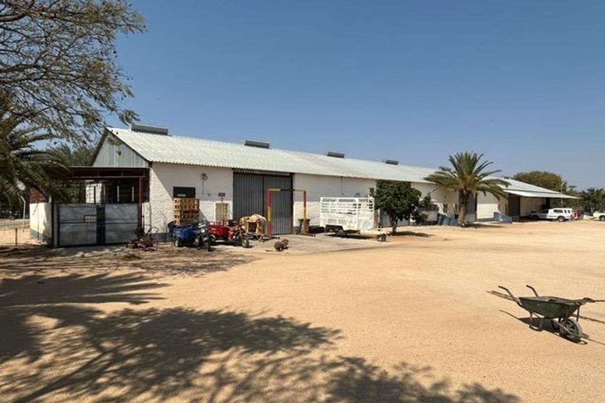 A wide-angle view of an industrial warehouse facility featuring a large corrugated metal roof, sliding access doors, and a spacious gravel yard area.