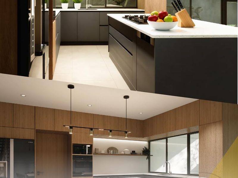 Modern kitchen featuring a central island with a built-in gas hob, sleek cabinetry, integrated oven, and large windows providing ample natural light.
