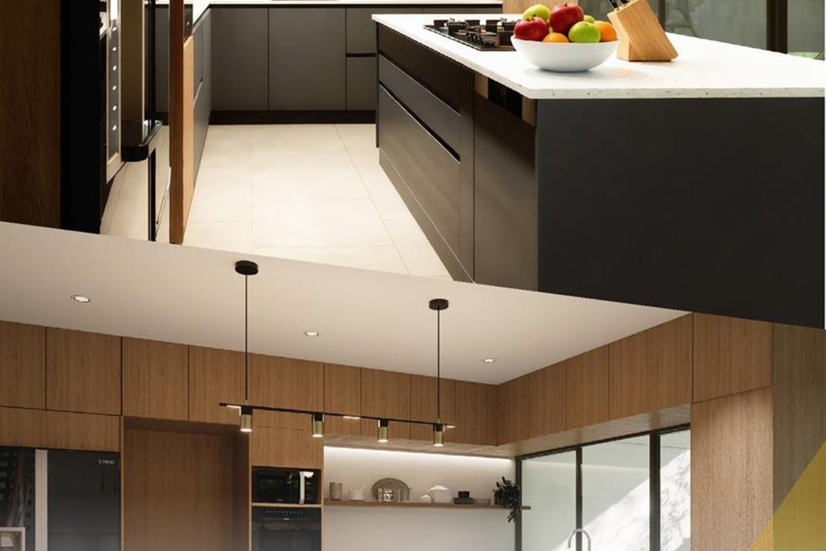Modern kitchen featuring a central island with a built-in gas hob, sleek cabinetry, integrated oven, and large windows providing ample natural light.