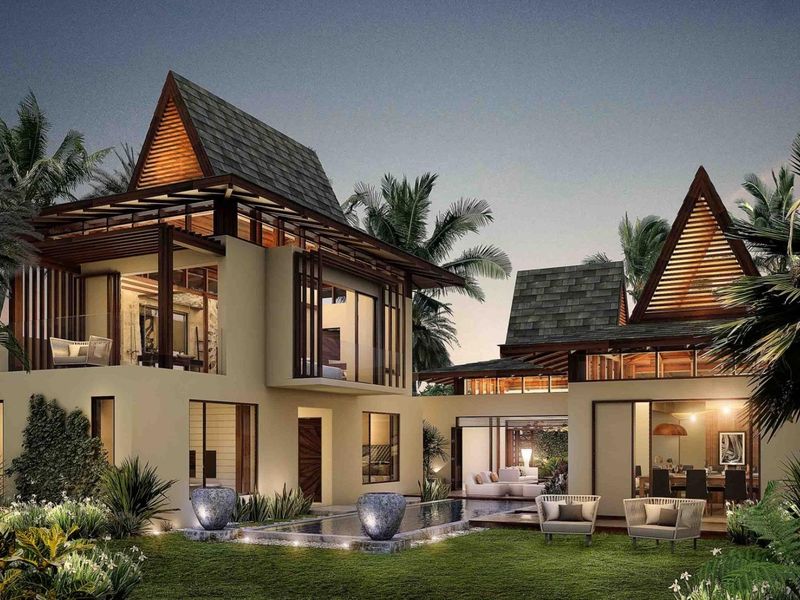 A stunning modern architectural villa featuring a swimming pool, landscaped garden, and expansive glass sliding doors, showcasing a sophisticated tropical design.