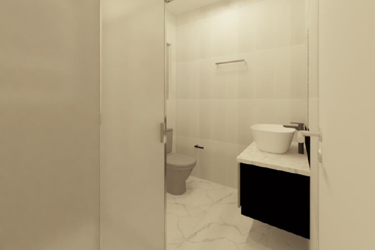 A modern, minimalist bathroom featuring a floating vanity with a vessel sink, marble-look flooring, and a glass-enclosed shower.