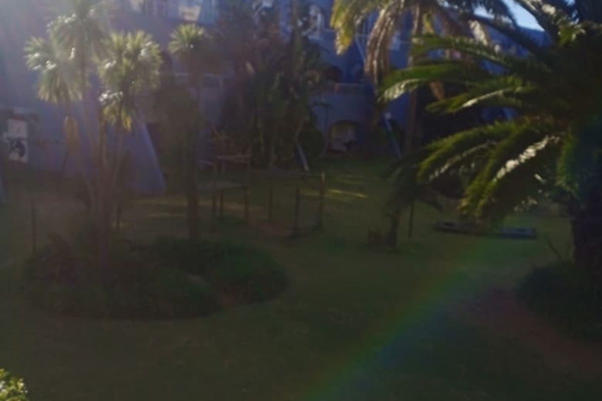 A view of the apartment complex exterior featuring a landscaped garden area with mature palm trees and lawn.