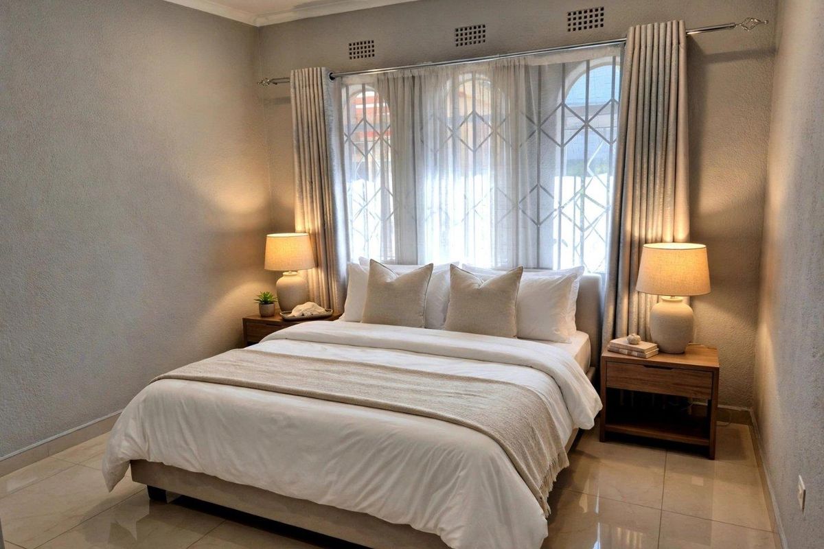 A well-maintained bedroom featuring polished tiled flooring, recessed lighting, and arched windows with integrated security bars.