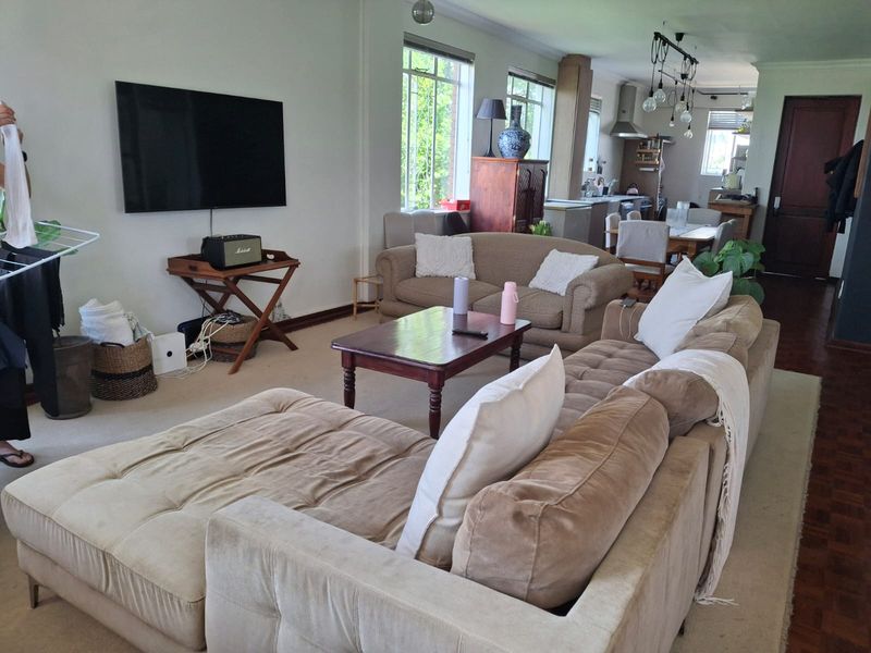 Spacious open-plan living and kitchen area featuring a mix of timber and carpeted flooring, large windows, and functional kitchen cabinetry.