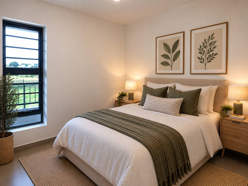 A well-maintained bedroom featuring neutral walls, tiled flooring, and a large window with black aluminium frames providing natural light.