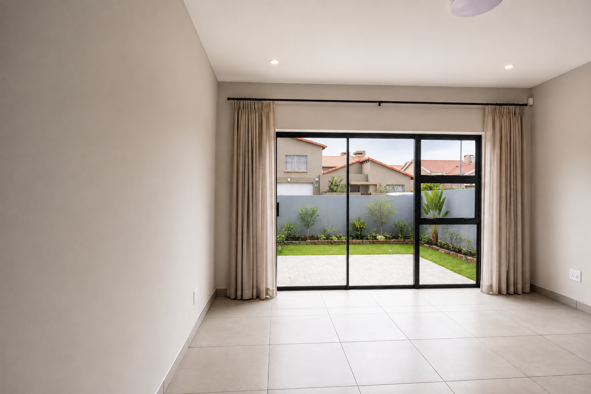 A bright, empty living room featuring large sliding glass doors that open onto a paved patio and private garden area.