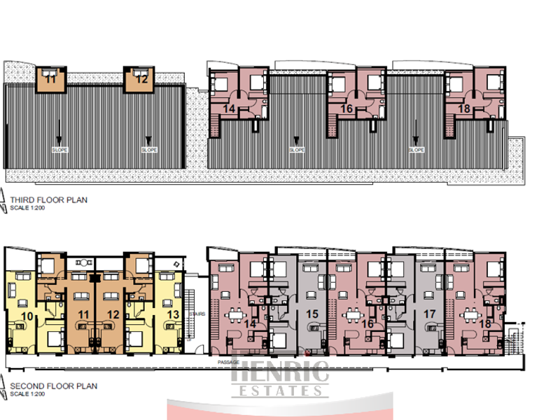 Architectural floor plan showing the layout of the second and third floors of the apartment complex.
