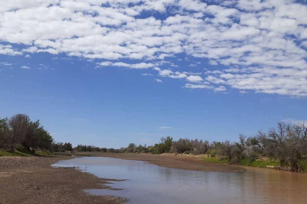 A scenic view of a natural river flowing through the farm landscape under a clear blue sky.