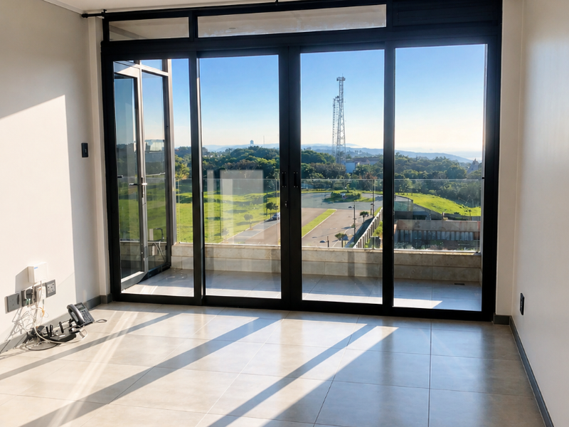 Bright and spacious living area featuring large format floor tiles, recessed lighting, and expansive black aluminium sliding doors opening onto a balcony with scenic views.