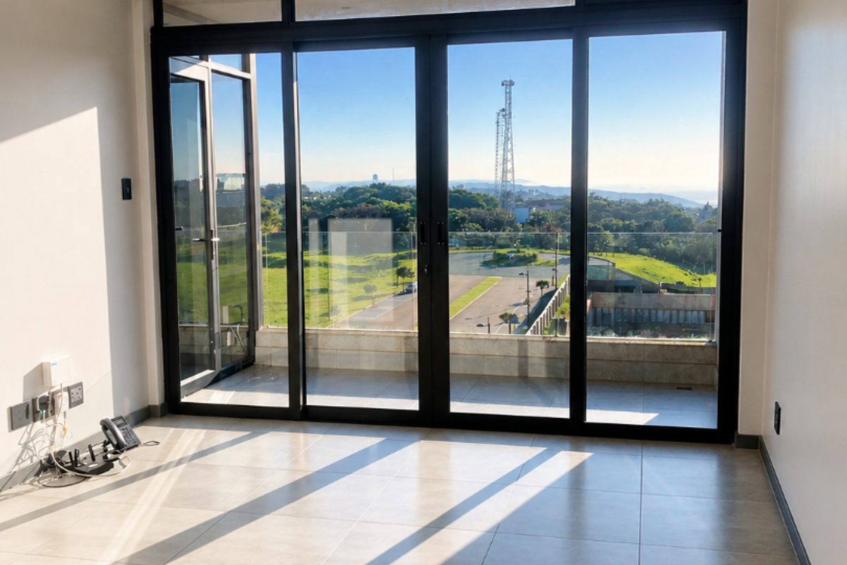 Bright and spacious living area featuring large format floor tiles, recessed lighting, and expansive black aluminium sliding doors opening onto a balcony with scenic views.