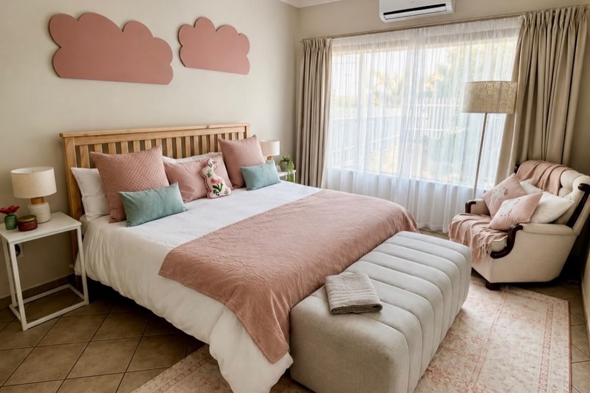 A well-maintained bedroom featuring tiled flooring, a wall-mounted air conditioning unit, and neutral wall finishes.