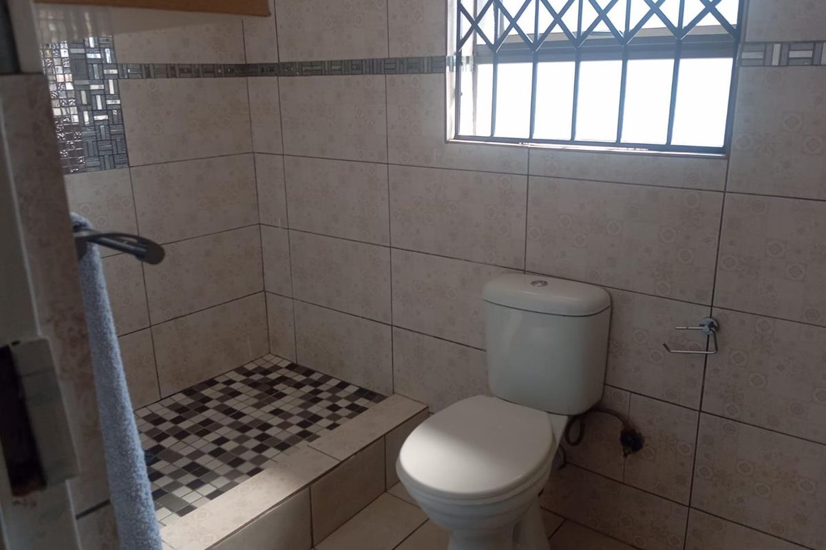 A functional bathroom featuring a walk-in shower with mosaic floor tiling, a standard toilet, and a window with security bars.