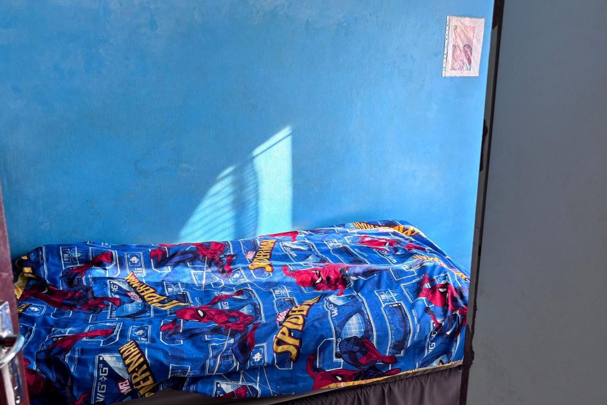 A bedroom featuring blue painted walls and a single bed space.