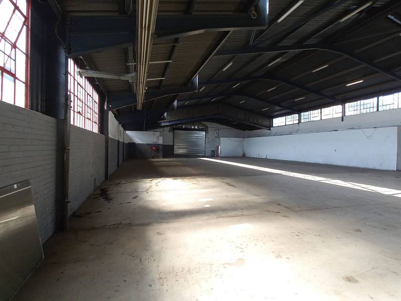 Spacious industrial warehouse featuring high ceilings, exposed steel beams, large multi-pane windows, and a roller shutter door for easy access.