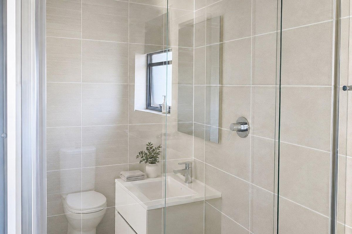 A modern, well-maintained bathroom featuring neutral wall tiles, a sleek wall-mounted vanity, and a glass-enclosed shower area.