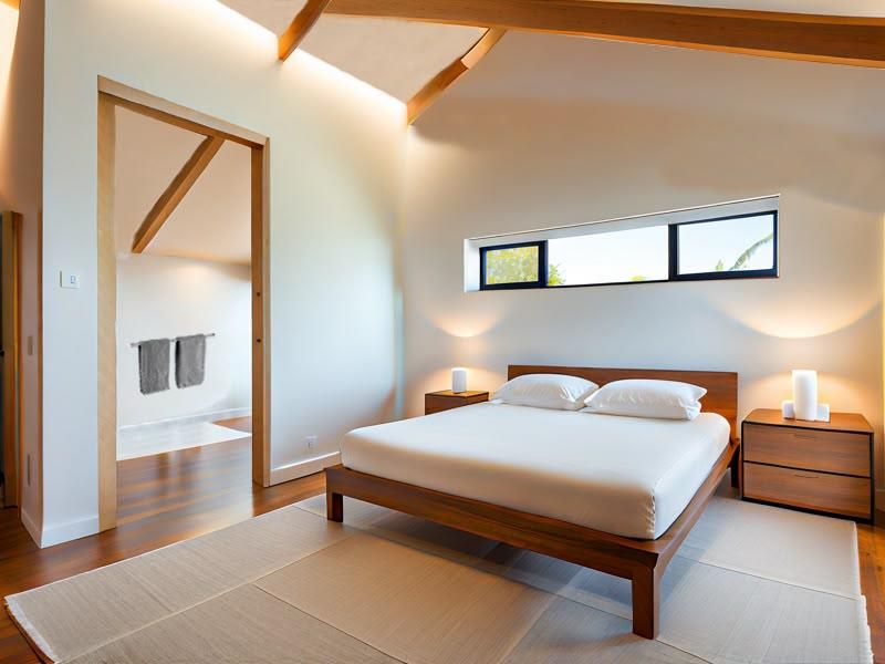 A modern, well-lit bedroom featuring exposed timber beams, hardwood flooring, and a sleek horizontal window, with direct access to an adjoining en-suite bathroom.