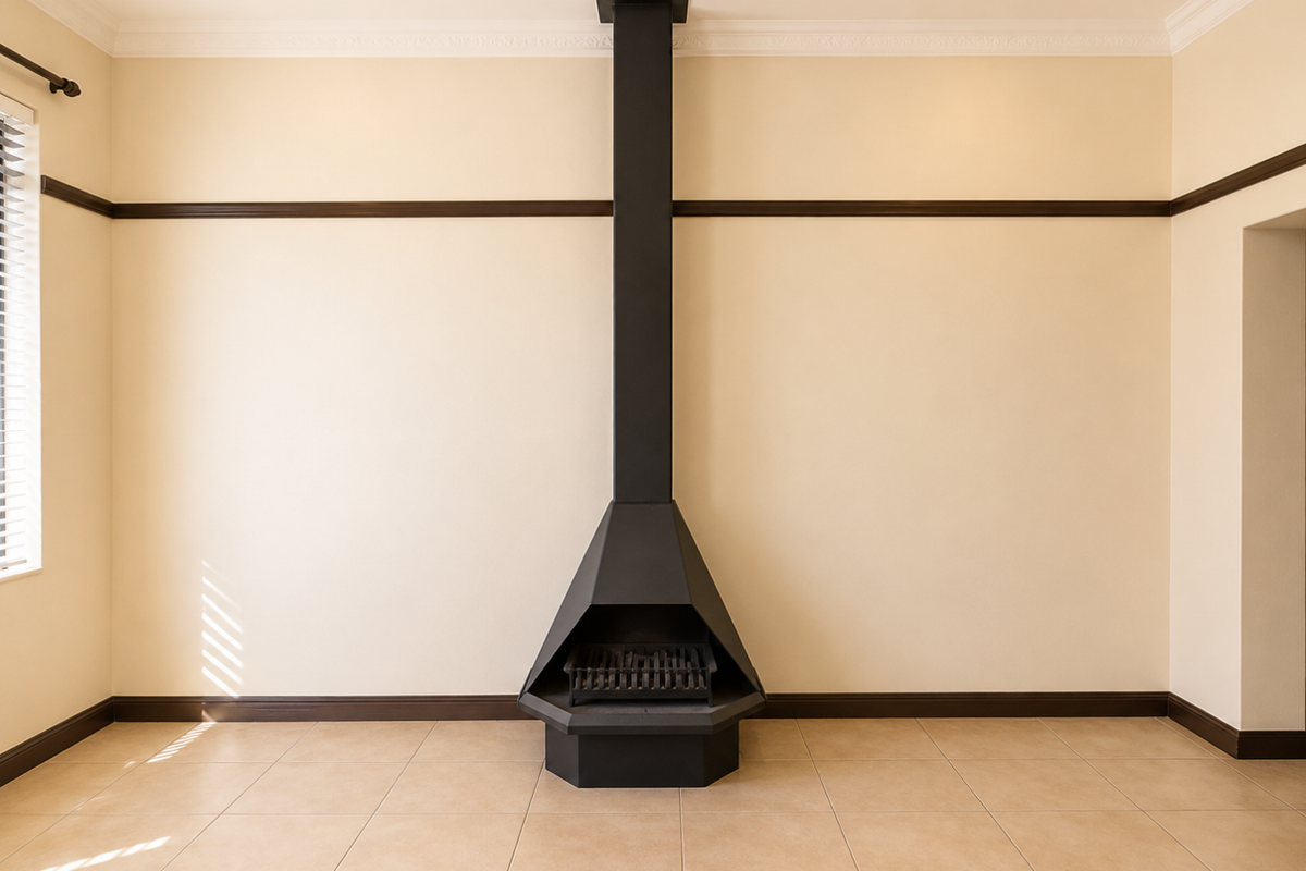 A spacious living room featuring a prominent black metal fireplace, tiled flooring, and classic crown molding.