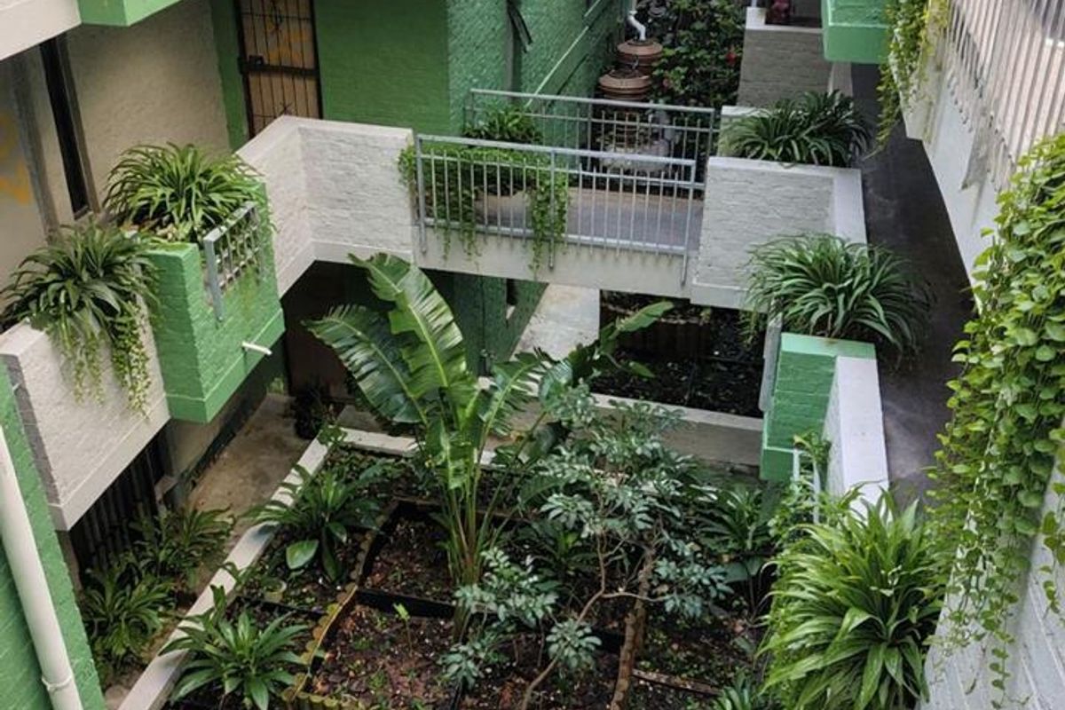 An elevated view of an apartment complex central courtyard featuring landscaped garden beds, walkways, and multi-level balconies with greenery.